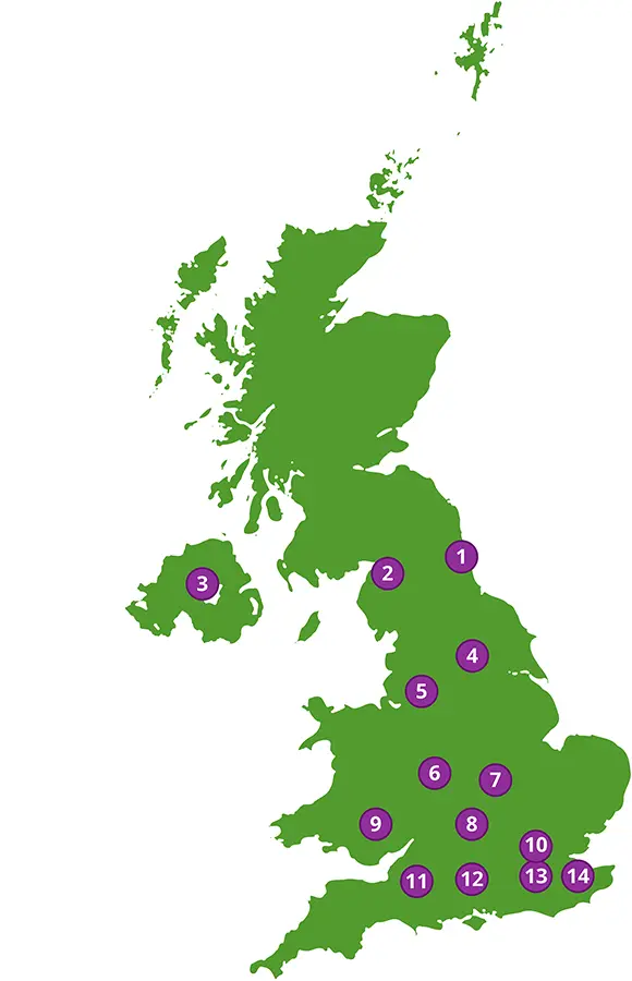 A map of the UK with circled numbers to represent the location of the NALDIC RIGs