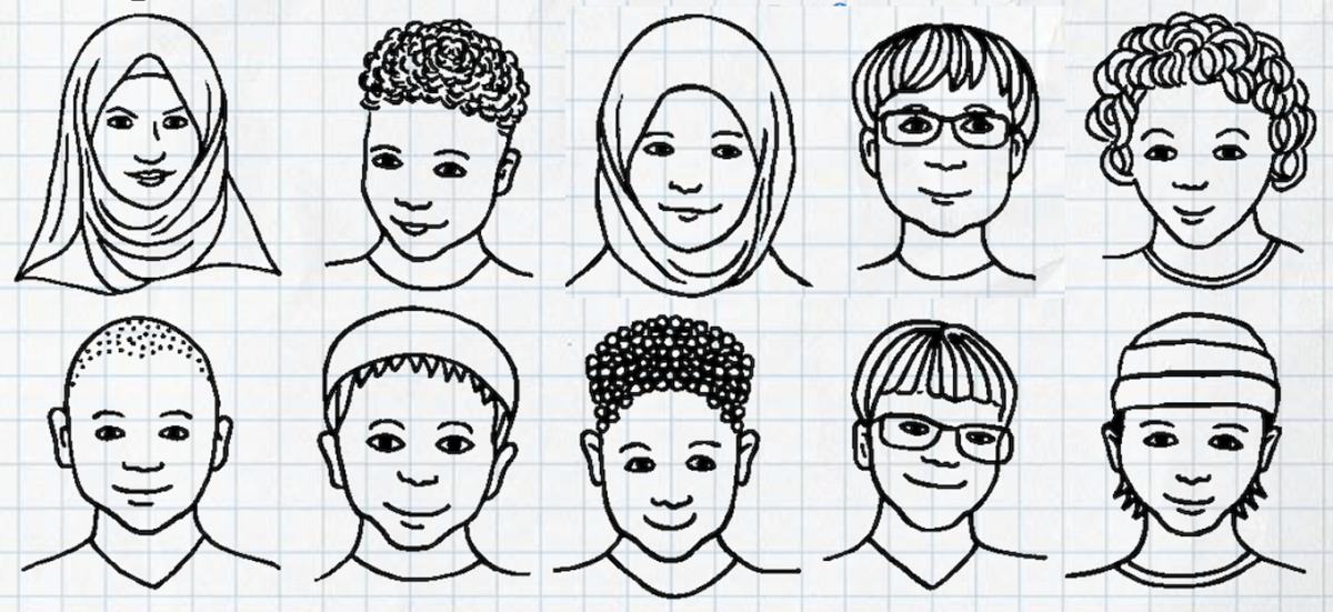 Pencil drawings of diverse pupils