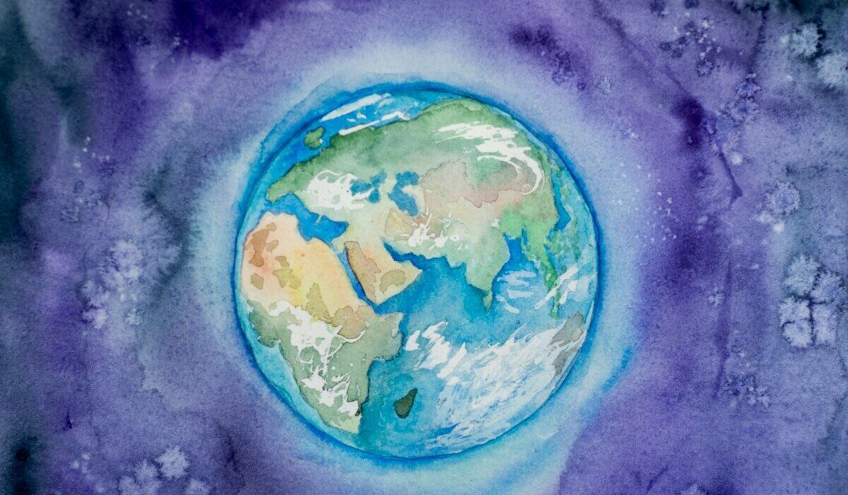 a watercolor painting of the earth in space